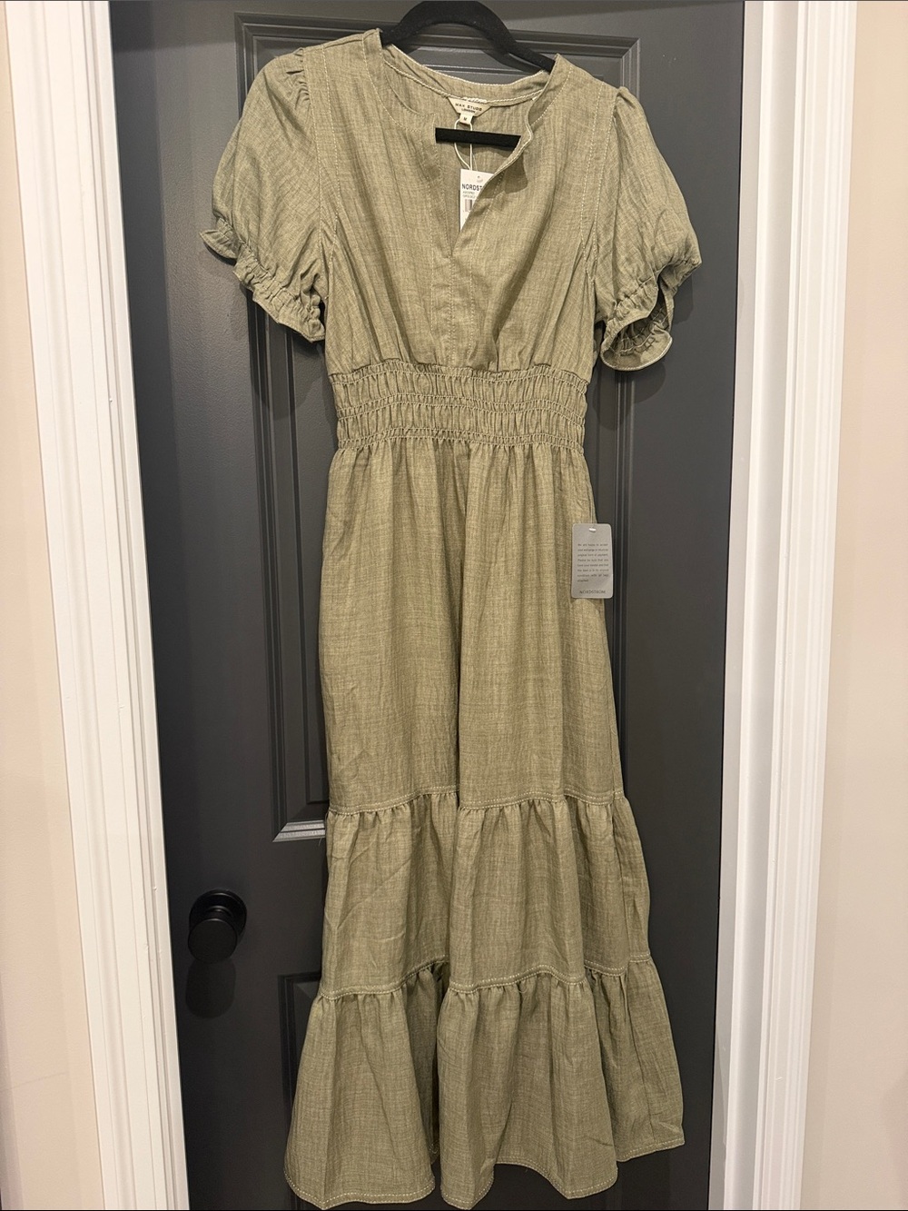 NWT Max Studio Tiered Olive Green Maxi Dress with Smocked Waist